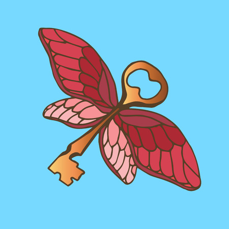 Illustration of the key with wings. Golden key with a flying butterfly wings.のイラスト素材