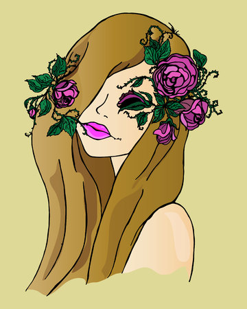 Illustration of a girl with flowers in her hair, hand drawingのイラスト素材