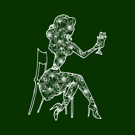 Illustration girl drinking champagne from a glassのイラスト素材