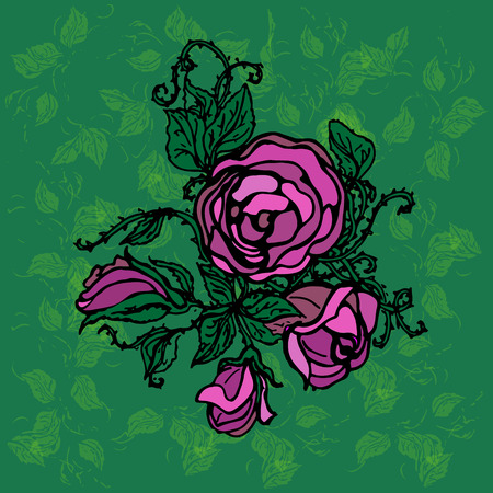 Illustration of roses on a green background with leavesのイラスト素材