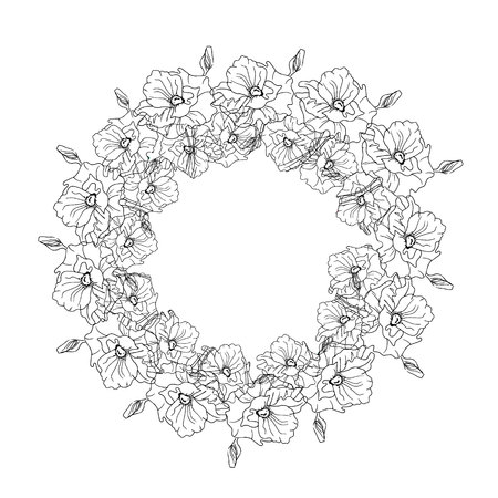 Illustration with a wreath of flowers, black and whiteのイラスト素材