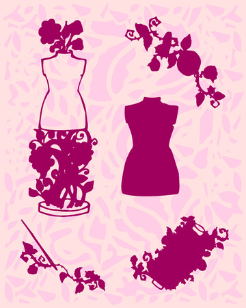 Illustration of Sewing accessories, tools for fashion design, dummy, spool, needles, buttons.のイラスト素材