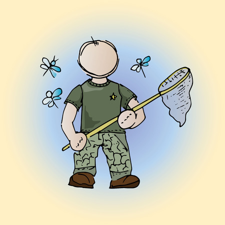 Illustration of man on vacation. A student on vacation. Catches the Butterflies.のイラスト素材