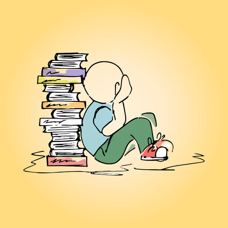 Illustration student at the library. Hand-drawingのイラスト素材