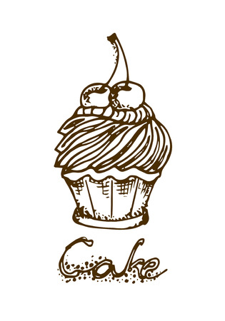 Illustration. Cake with cherries. Greeting card with a wish. Black and white.のイラスト素材