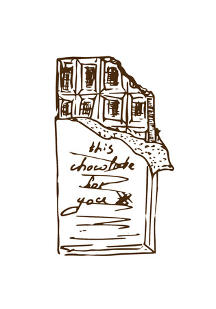 Illustration of a chocolate bar. Chocolate with a wish. Black and white postcard.のイラスト素材