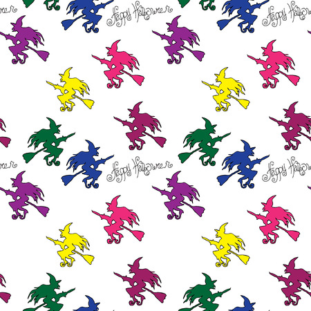 Illustration of Halloween. Seamless pattern with festive decorations. Witches on broomsticks.のイラスト素材