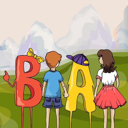 Educational illustration. Children and ABC. Children with letters.のイラスト素材