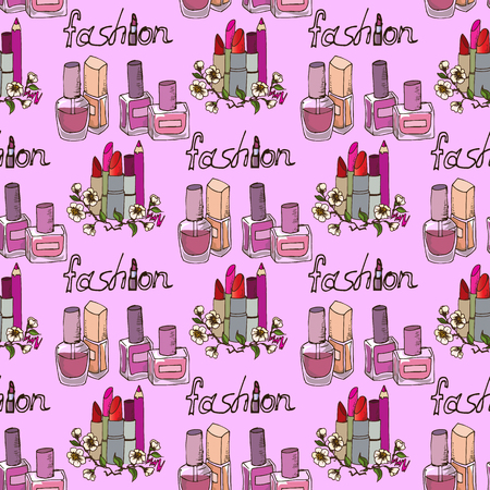 Illustration of cosmetics. Nail polishes fashion. Seamless pattern.のイラスト素材