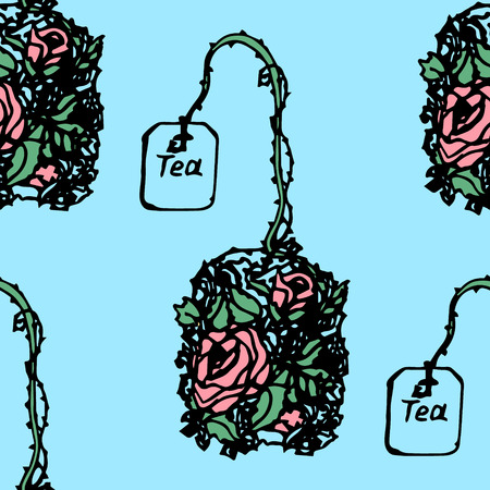 Illustration of a tea bag with herbs, flowers. Seamless pattern.のイラスト素材