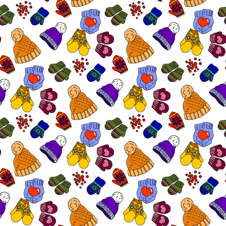 Illustration of multi-colored hats and mittens. Beautiful winter clothing. Seamless pattern.のイラスト素材