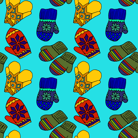 Illustration of colorful mittens. Beautiful winter clothing. Seamless pattern.のイラスト素材