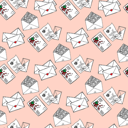 Illustration of letters and envelopes. Romantic messages. Seamless pattern.のイラスト素材