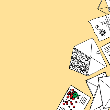 Illustration of letters and envelopes. Leaf background with writing.のイラスト素材