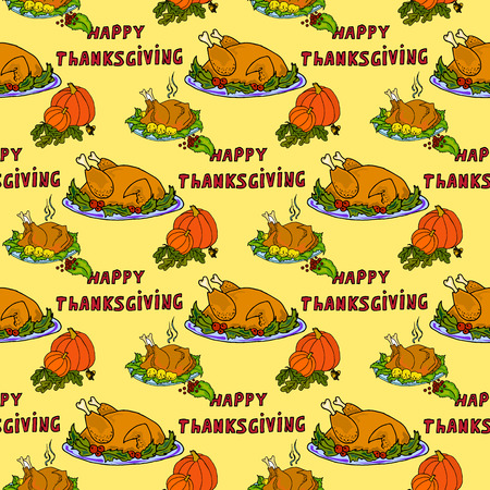 Illustration roasted turkey and pumpkin. Thanksgiving Day. Seamless pattern.のイラスト素材