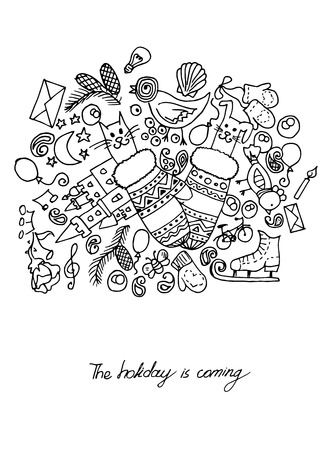 Illustration of Christmas items. The holiday and fun. Black and white postcard.のイラスト素材