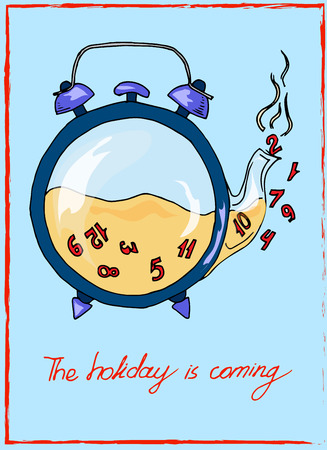 Illustration clock in the shape of a teapot. Tea with numbers. Postcard which reminds about the holidays.のイラスト素材