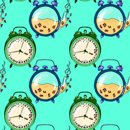 Illustration of the clock. Funny alarm. Time and seasons. Seamless pattern.のイラスト素材