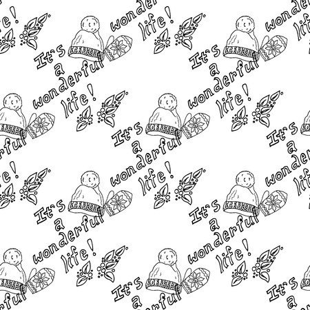 Christmas illustration. Hats and gloves. It's a Wonderful Life. Christmas card. Seamless patternのイラスト素材