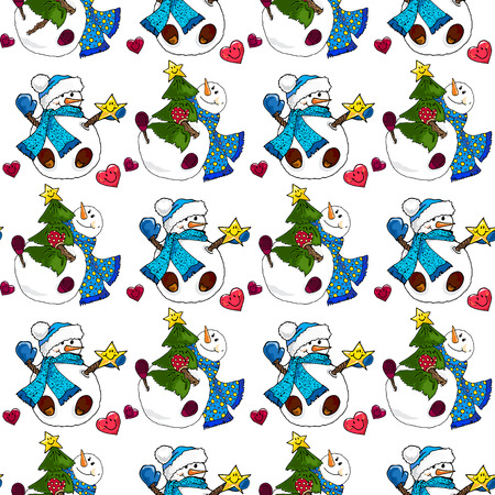 Illustration of a snowman. Christmas snowmen. Seamless pattern.のイラスト素材