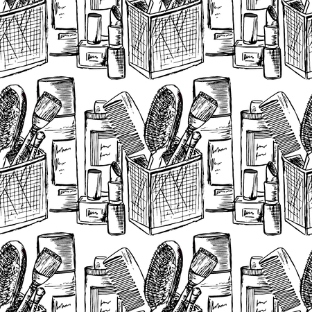 Illustration tools for beauty, makeup instruments. Female toilet. Seamless pattern.のイラスト素材