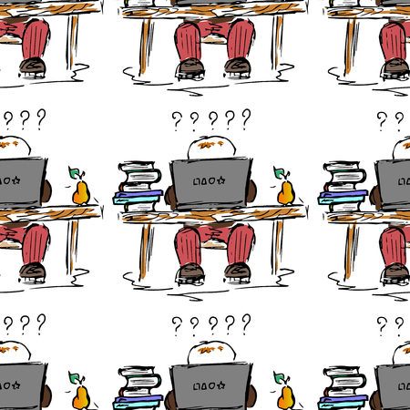 Educational illustration. People at work. Study, session, library, student life. Seamless pattern.のイラスト素材