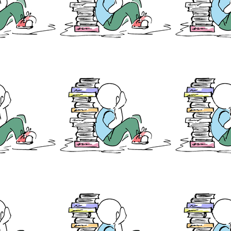 Educational illustration. People at work. Study, session, library, student life. Seamless pattern.のイラスト素材