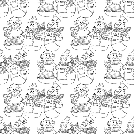 Holiday illustration. Christmas snowmen. New Year card. Winter figure. Seamless pattern.のイラスト素材