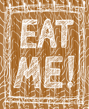 Hand-drawn illustrations. Postcard eat me. The inscription on the wooden board.のイラスト素材