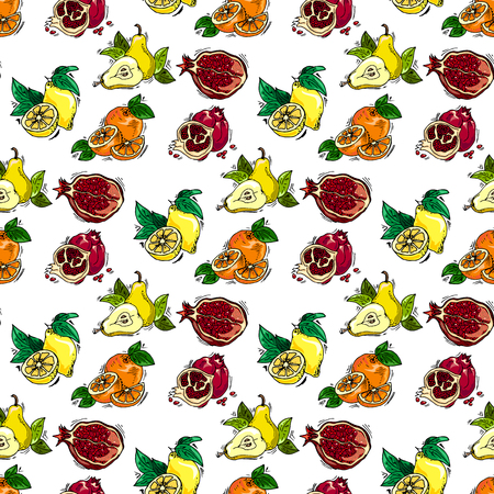 Hand-drawn illustrations. Postcard assortment fruit, pomegranate, lemon, pear, orange. Seamless pattern.のイラスト素材