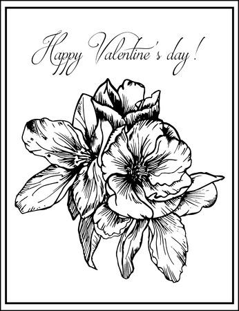 Hand drawn illustration. Bouquet of black and white colors. Greeting card. Happy Valentine's day.のイラスト素材