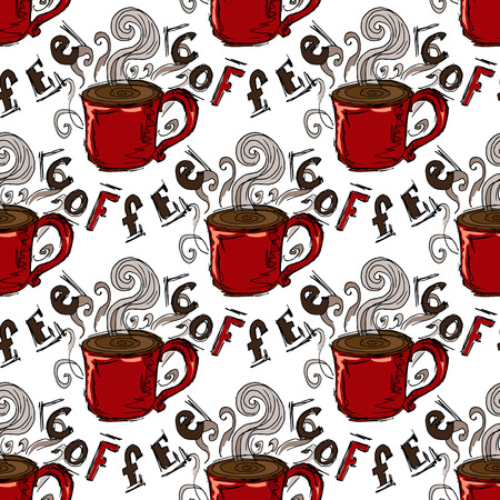 Hand-drawn illustrations. A cup of coffee. Seamless pattern.のイラスト素材