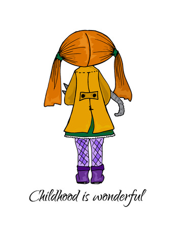 Hand-drawn illustrations. Red-haired girl with a cat in her arms. Postcard childhood is wonderful.のイラスト素材