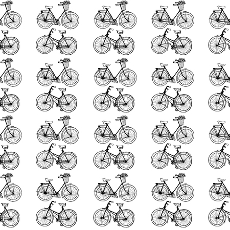 Hand-drawn illustrations. Vintage bicycles. Black and white postcard. Seamless pattern.のイラスト素材