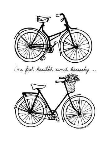 Hand-drawn illustrations. Vintage bicycles. Black and white postcard.のイラスト素材
