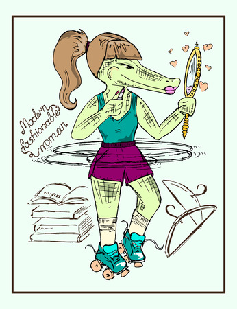 Hand-drawn illustrations. Trendy crocodile girl. Motivational postcard.のイラスト素材