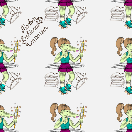 Hand-drawn illustrations. Trendy crocodile girl. Motivational postcard. Seamless pattern.のイラスト素材