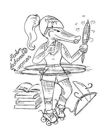 Hand-drawn illustrations. Trendy crocodile girl. Motivational postcard.のイラスト素材