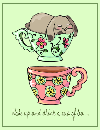 Hand-drawn illustrations. Bright teacups. Postcard cute funny fell asleep in a cup.のイラスト素材