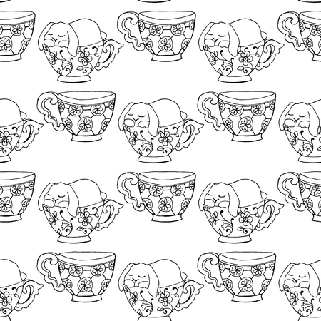 Hand-drawn illustrations. Black and white teacups. Postcard cute funny fell asleep in a cup. Seamless pattern.のイラスト素材