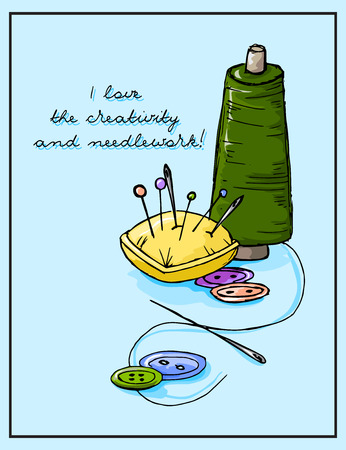 Hand-drawn illustrations. Accessories for needlework. Postcard sewing.のイラスト素材
