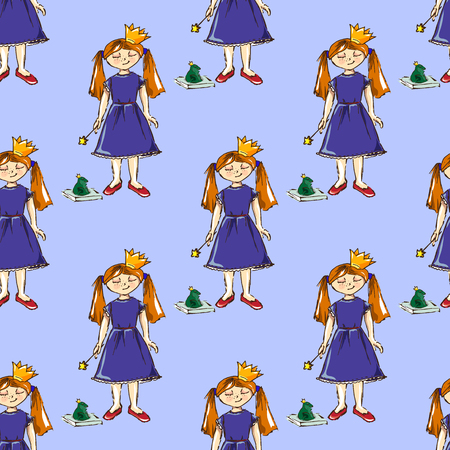 Hand-drawn illustrations. Card with a princess. Red-haired girl with a magic wand. What does it conjure such. Seamless pattern.のイラスト素材