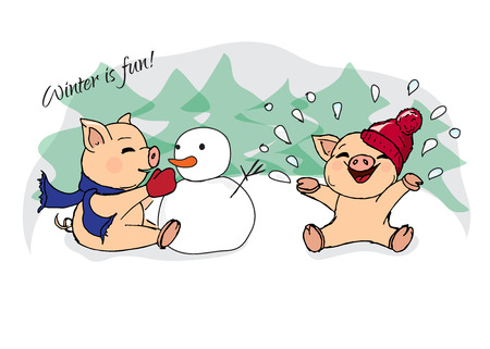 illustrations. New Year card. Winter card with pigs. Children playing with snow. Piglets and snowmanのイラスト素材