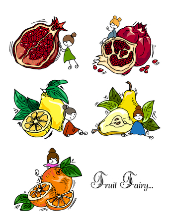 Hand drawing. Illustration of fruits and fruit fairy. Seamless pattern.のイラスト素材
