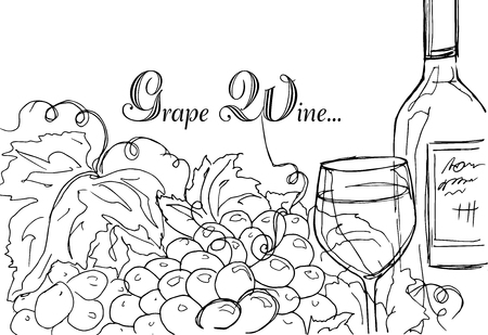 Hand drawing. Illustration of a bottle of wine and a bunch of grapes. Gastronomic card.のイラスト素材