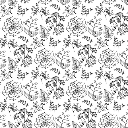 Hand-drawn illustrations. Beautiful background with ethnic pattern. Black and white plant on a clean background. Seamless patternのイラスト素材
