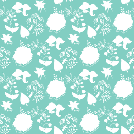 Hand-drawn illustrations. Beautiful background with ethnic pattern. Plants on a turquoise background. Seamless patternのイラスト素材
