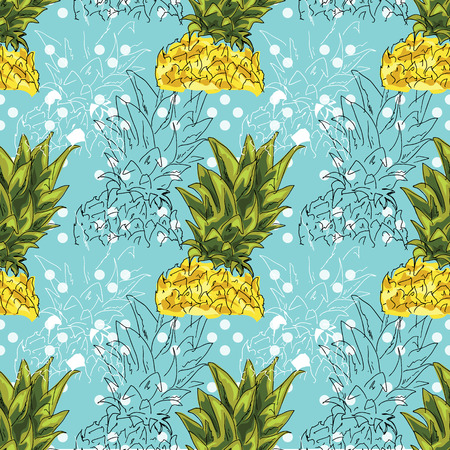 Hand drawing. Illustration of pineapple on a blue background. Seamless patternのイラスト素材