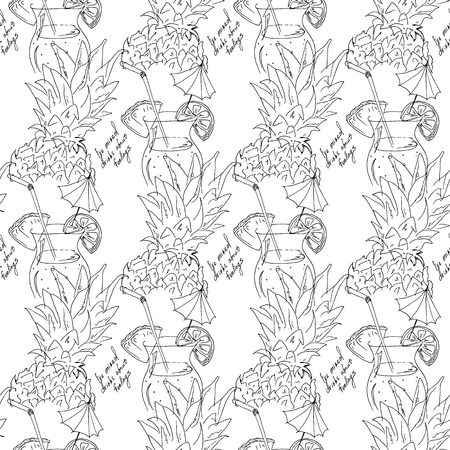 Hand drawing. Illustration of tropical cocktail with umbrella. Seamless pattern. Postcard black and whiteのイラスト素材