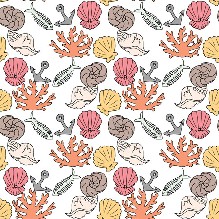 Hand-drawn illustrations. Image with seashells, coral and marine inhabitants on the white background. Seamless patternのイラスト素材